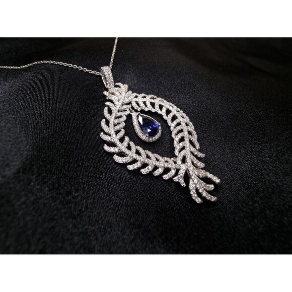 Elegant 925 Sterling Silver BYJ Signed Necklace With Leaf Design Pendant & Sapph - Picture 1 of 5